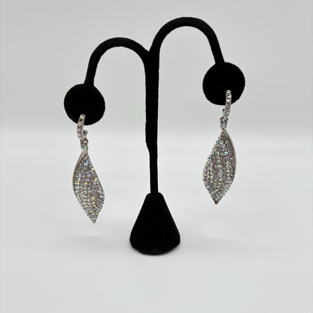 Sparkly Rhinestone Leaf Dangle Earrings Silver Tone Iridescent Crystal Statement